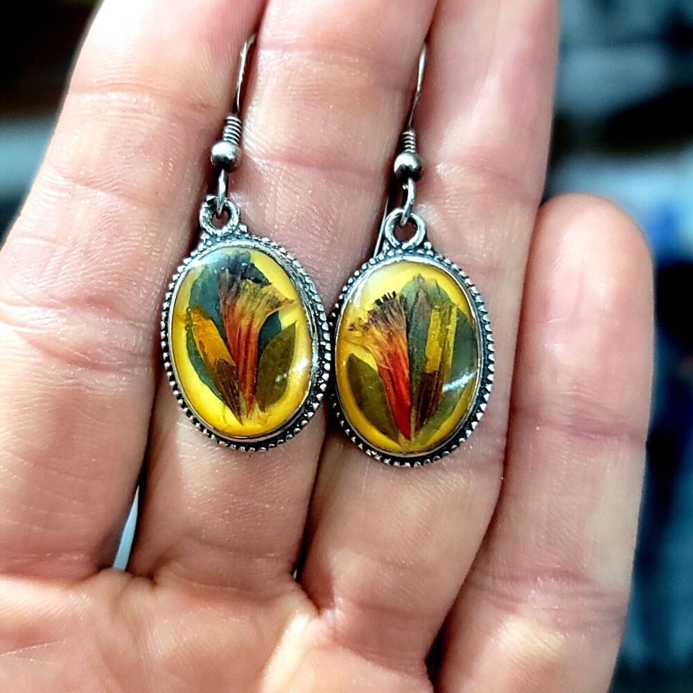 Pressed Flower Sterling Silver Earrings 1.5 Inches